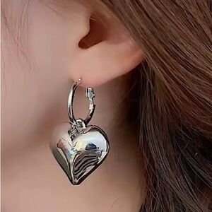 NEW SILVER MEGA PUFF HEART HOOP STATEMENT EARRINGS